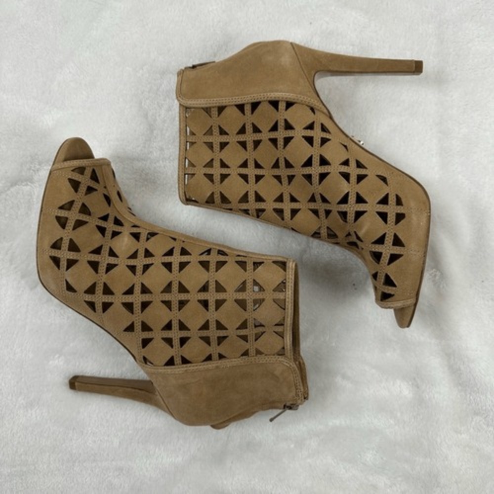 Michael Kors Womens 7.5 Tan Suede Laser Cut Peep Toe Stiletto Ankle Boots - Picture 5 of 10